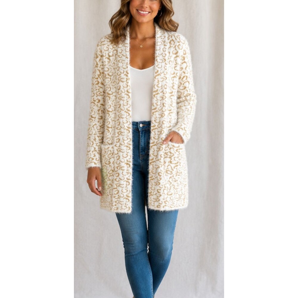 NWT Nine West Ivory  Gold Leopard Eyelash Cardigan Duster Sweater Size XS